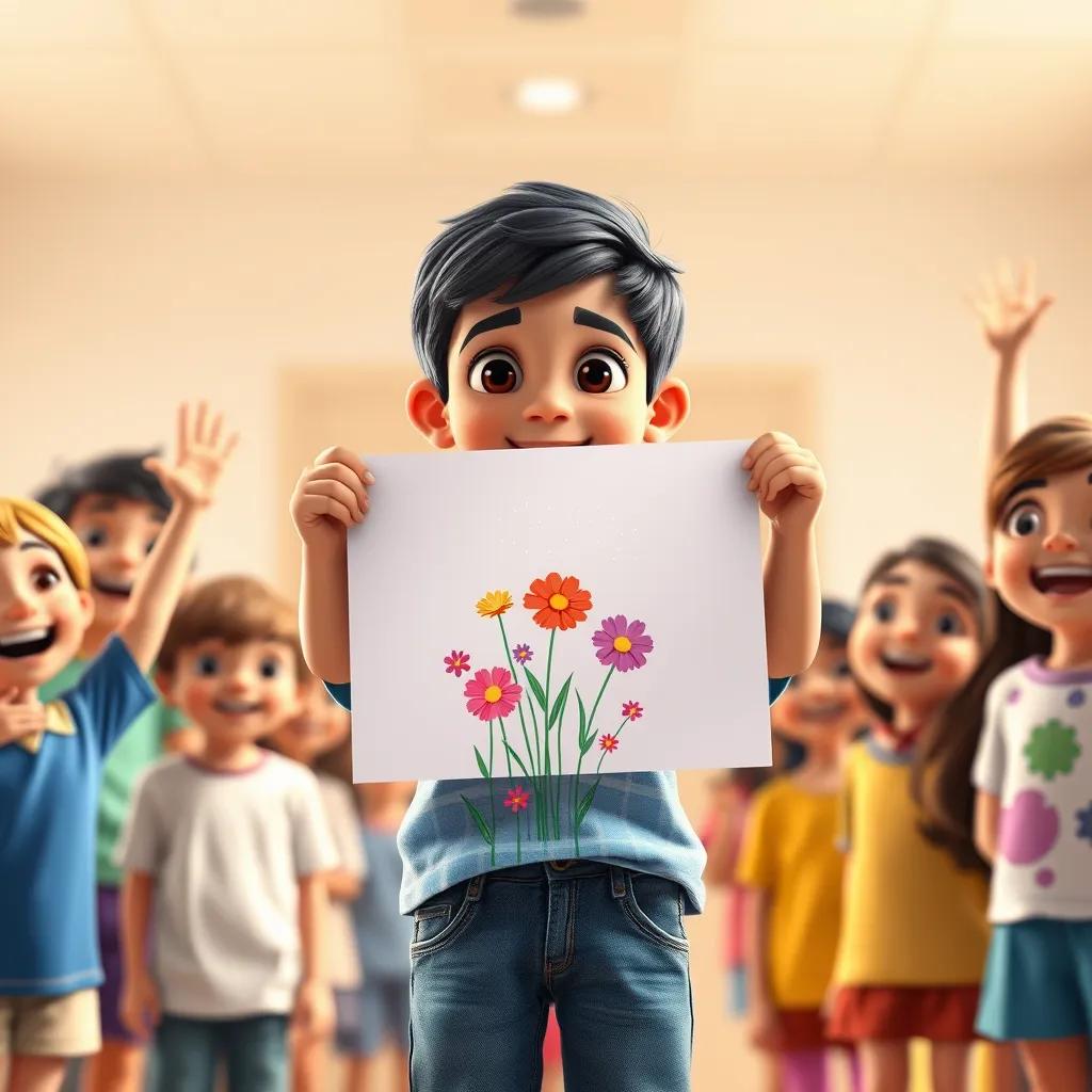 Image of A young Arab boy, Sami, with short black hair, wearing a colorful T-shirt and jeans, holding up his beautiful drawing of flowers and the sky, surrounded by amazed classmates, bright light, joyful expressions, uplifting scene, high quality.