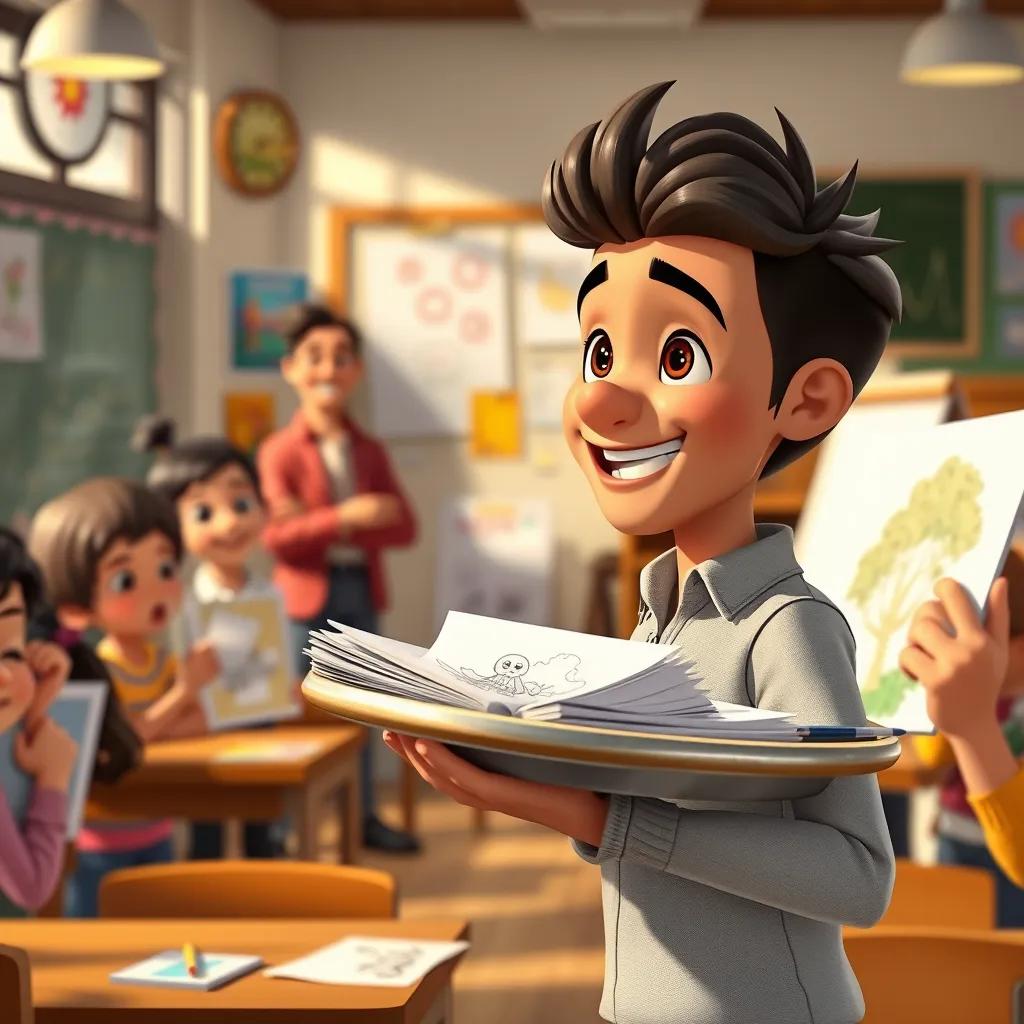 Image of A classroom scene, with a teacher presenting an art competition; students showing their art pieces, Sami smiling proudly with his tray of drawings, vibrant colors, inspiring atmosphere, detailed art, high quality.