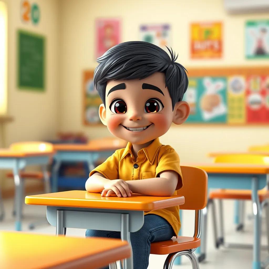 Image of A young Arab boy, Sami, with short black hair, wearing a bright shirt and jeans, sitting at a colorful classroom desk with a big smile, digital art, cheerful atmosphere, high quality