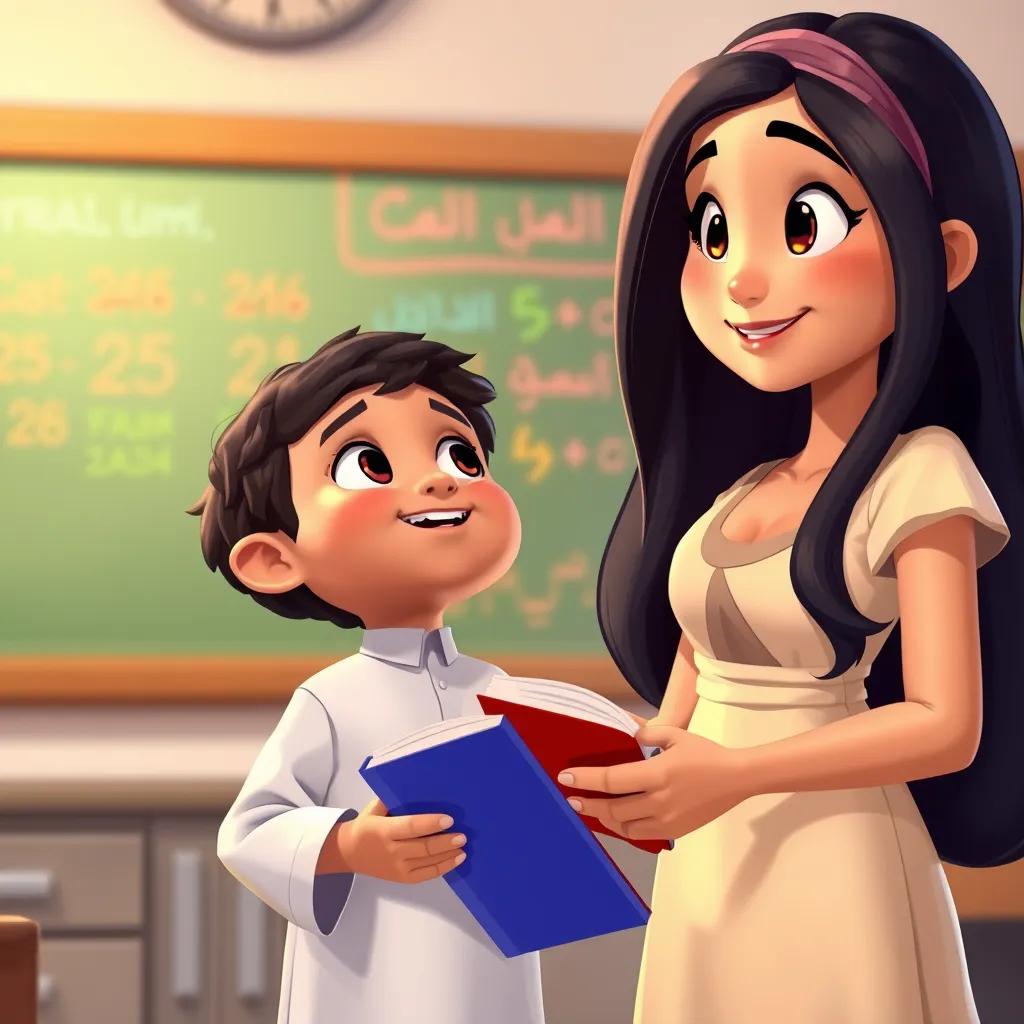 Image of A young Arab boy, Sami, looking up at his teacher, Maryam, with long dark hair, wearing a light dress, holding a book, standing in front of a colorful classroom board, illustration, welcoming, friendly mood