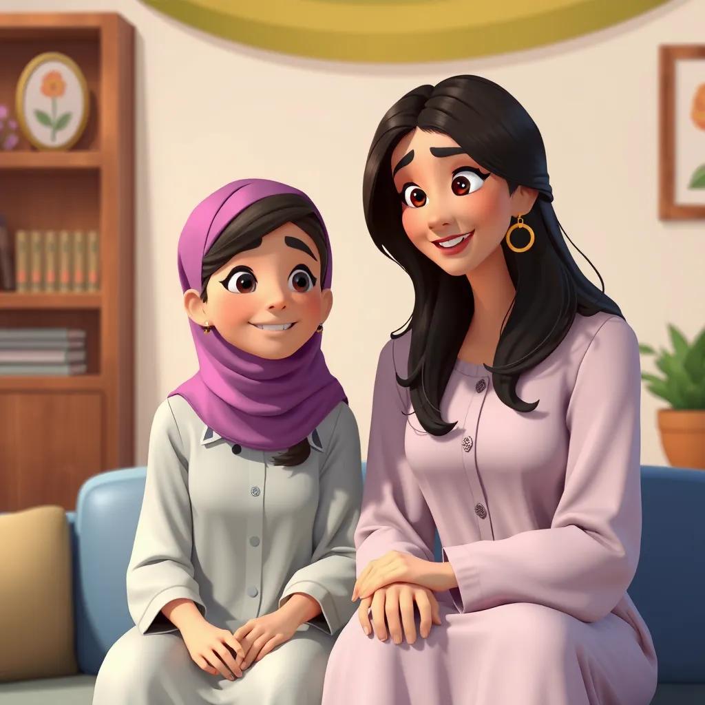 Image of Maryam, an Arab woman, with long dark hair, wearing a stylish blouse, sitting next to Sami, showing him how to pronounce the letter ر with fun games and pictures, digital painting, playful, engaging environment