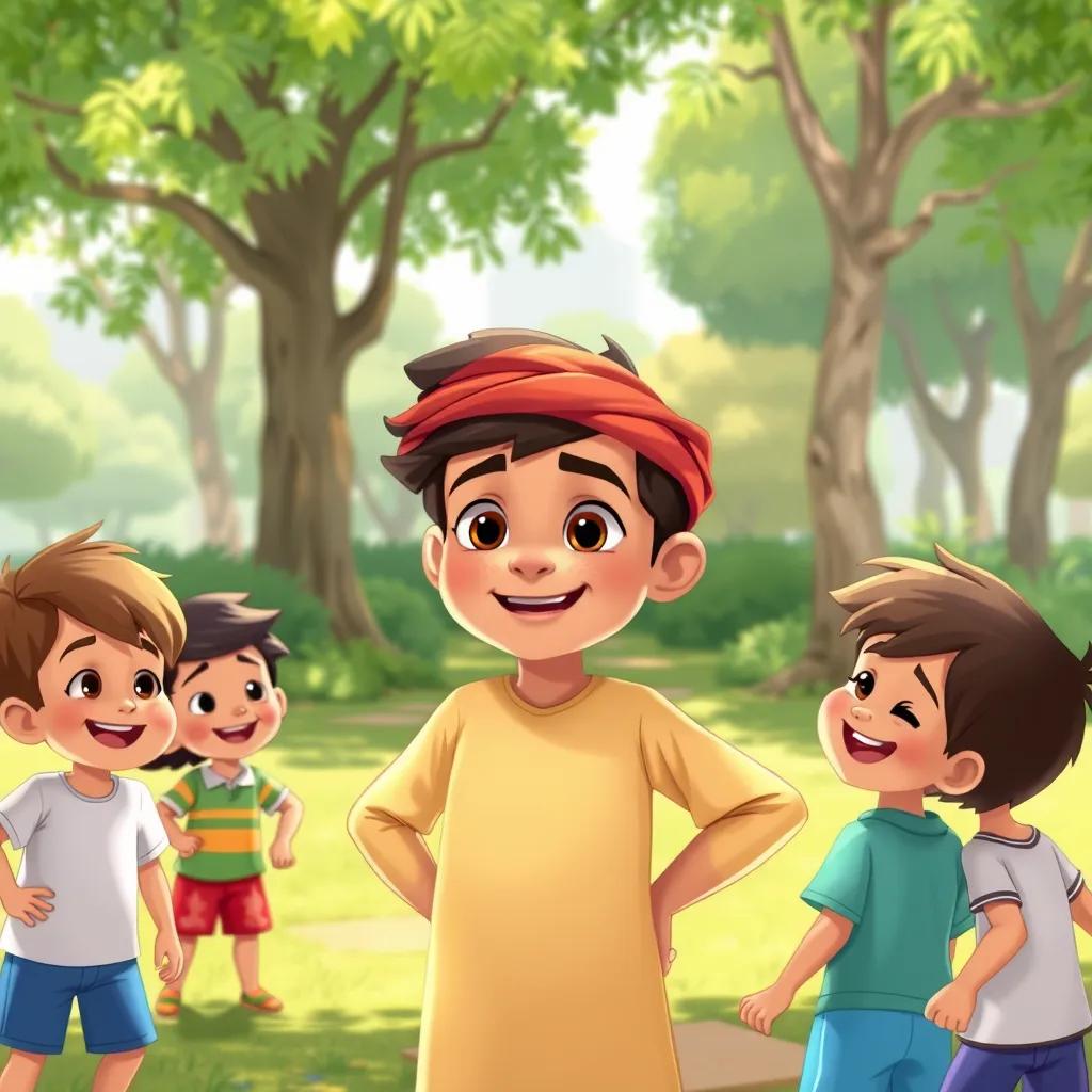 Image of Sami, a young Arab boy, confidently speaking with his friends in a park, surrounded by greenery and playing children, with cheerful expressions, illustration, bright colors, lively scenery