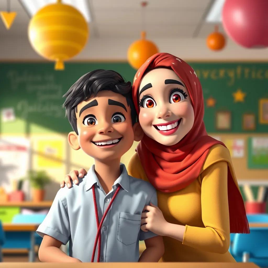 Image of Sami, a young Arab boy with a big smile, celebrating his success with his teacher, Maryam, in the classroom, with colorful decorations, joyful atmosphere, digital art, uplifting scene