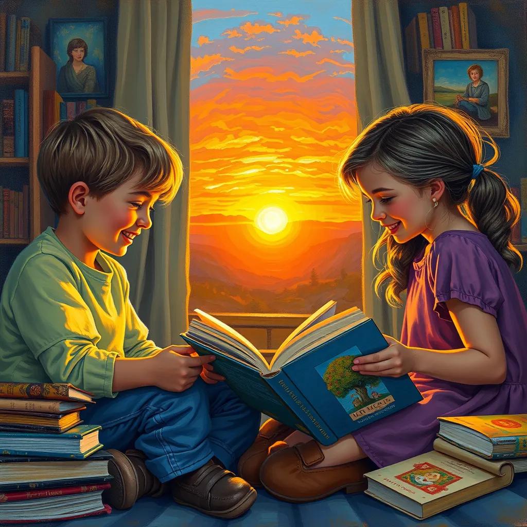 Image of Children sitting together, exchanging stories with smiles, surrounded by books and art, sunset lighting creating a warm ambiance, high quality