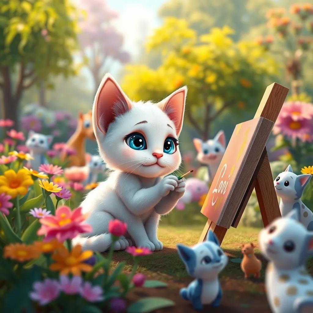 Image of Loli, a small cat with white fur and blue eyes, painting in a garden, surrounded by colorful flowers and trees, bright and lively, cheerful animals watching her, warm lighting, delightful view, high quality