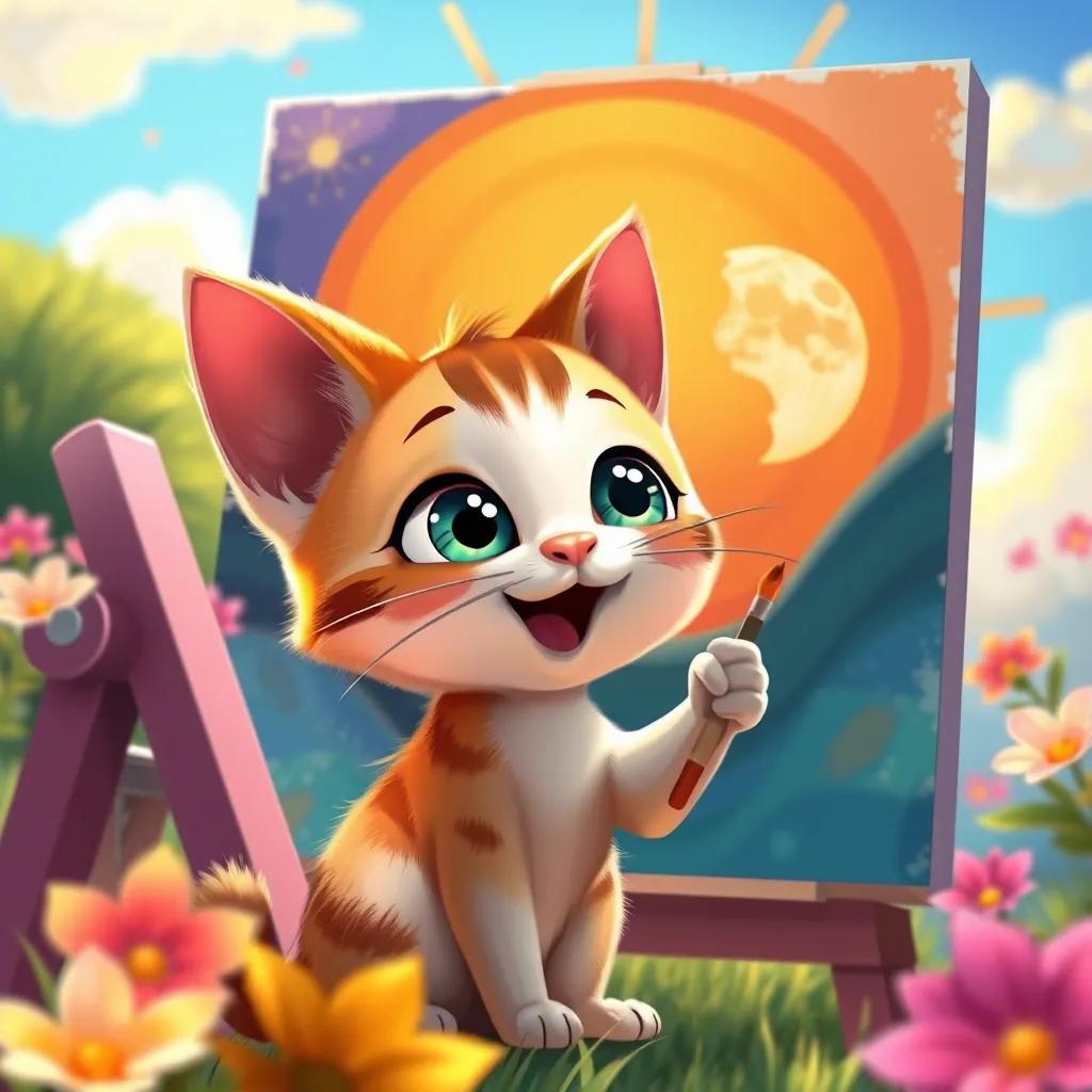 Image of Loli, the small cat, painting a big picture of the sun and moon, using bright colors, an excited expression on her face, surrounded by nature, vibrant and sunny, captivating artwork, high quality