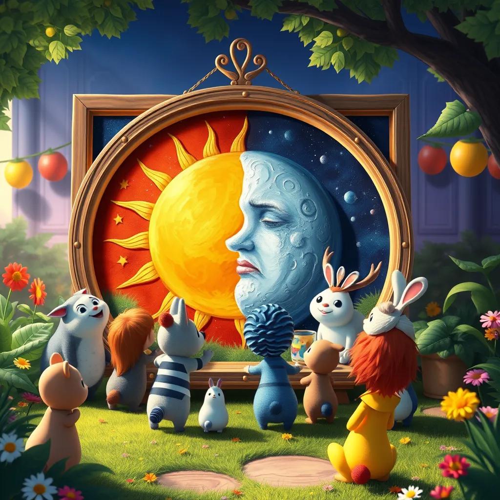 Image of A finished masterpiece of the sun and moon created by Loli, showcasing her vibrant painting style, with all the garden animals admiring it, festive atmosphere, colorful art display, cheerful gathering, high quality