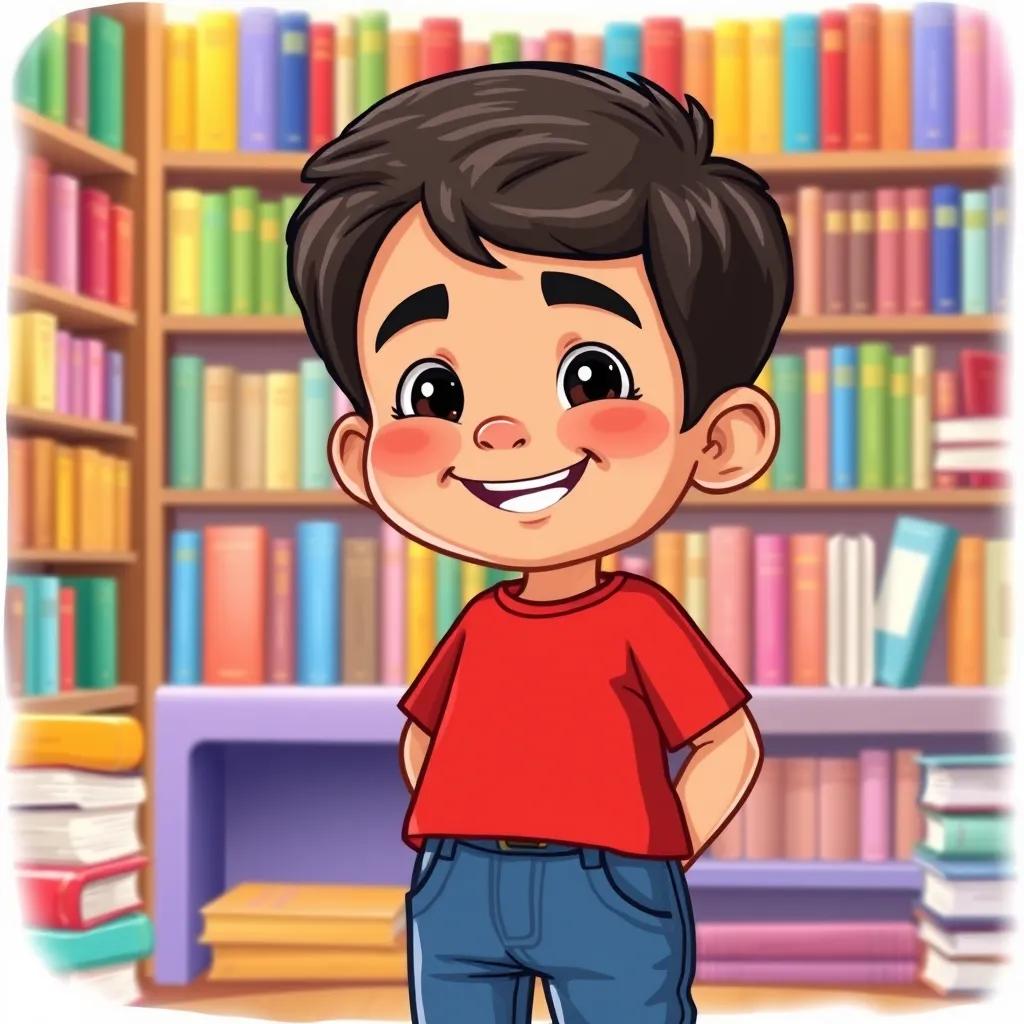 Image of A child, Sami, a young Arab boy, with short black hair, wearing a red t-shirt and blue jeans, smiling in front of a colorful library filled with books, vibrant colors, joyful atmosphere, cheerful expression, digital art, high quality