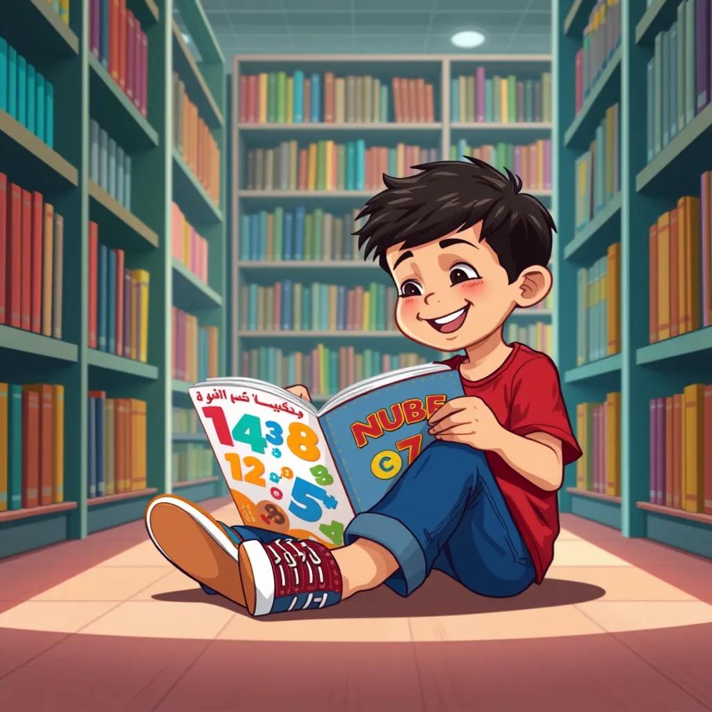 Image of Sami, a young Arab boy, with short black hair, wearing a red t-shirt and blue jeans, sitting on the floor of the library, happily reading a colorful book about numbers, surrounded by bookshelves, cozy and engaging atmosphere, digital art, high quality