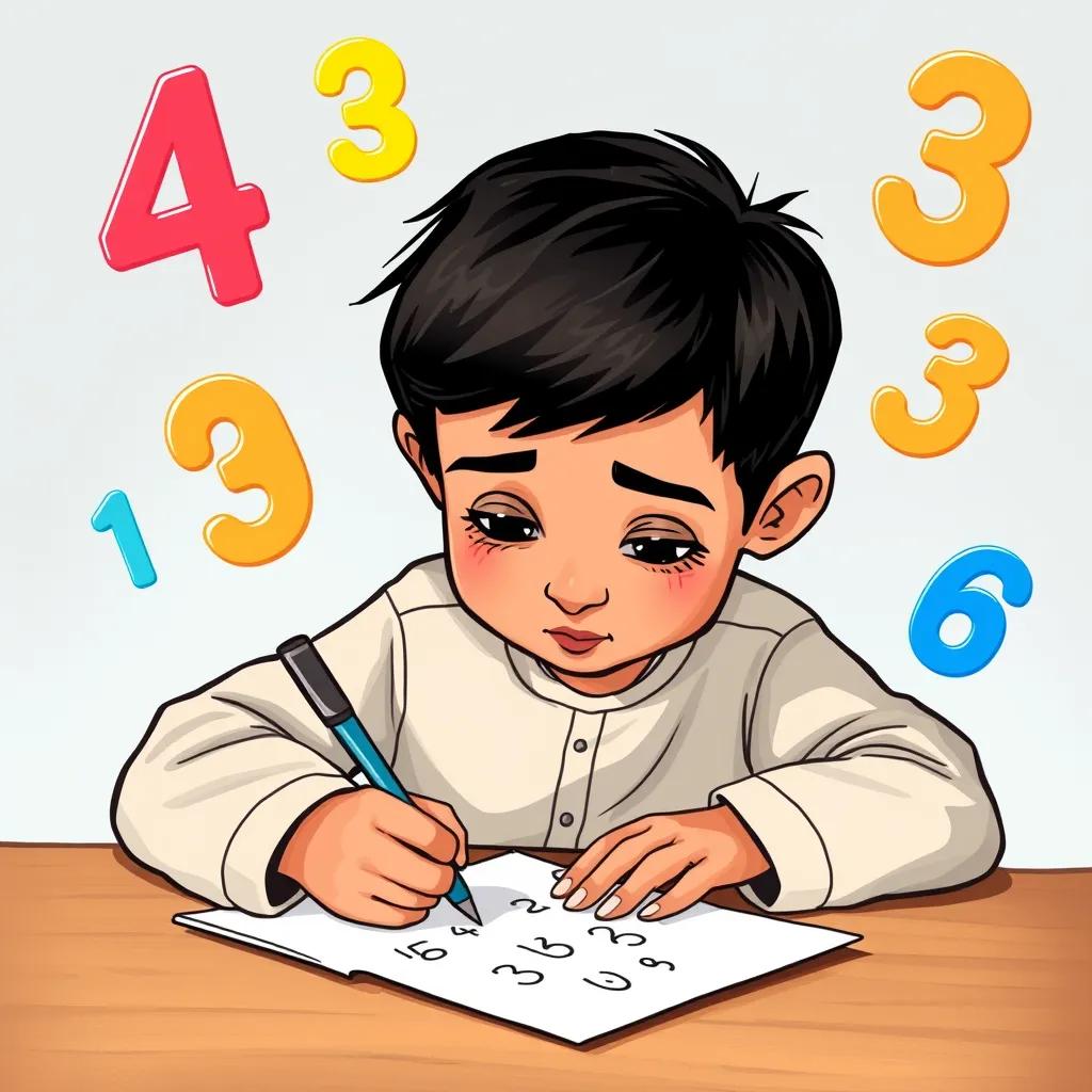 Image of Sami, a young Arab boy, with short black hair, writing numbers on a piece of paper, with colorful number illustrations around him, focused and determined expression, bright lighting, art style, high quality