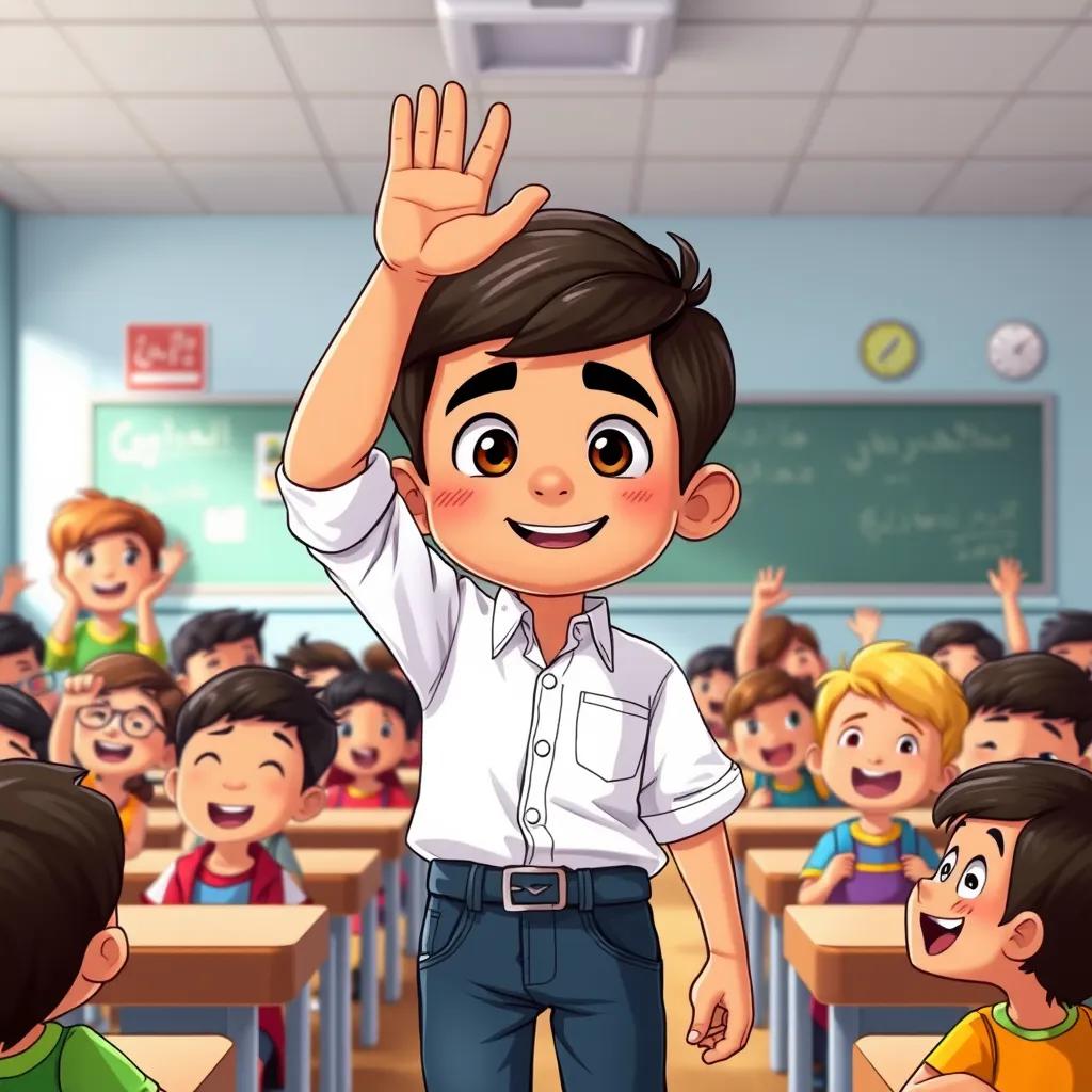 Image of A young Arab boy, Bara, with short dark hair, wearing a shirt and jeans, raising his hand in a classroom filled with excited children, capturing a moment of bravery, illustration, colorful, cheerful, classroom setting, engaging