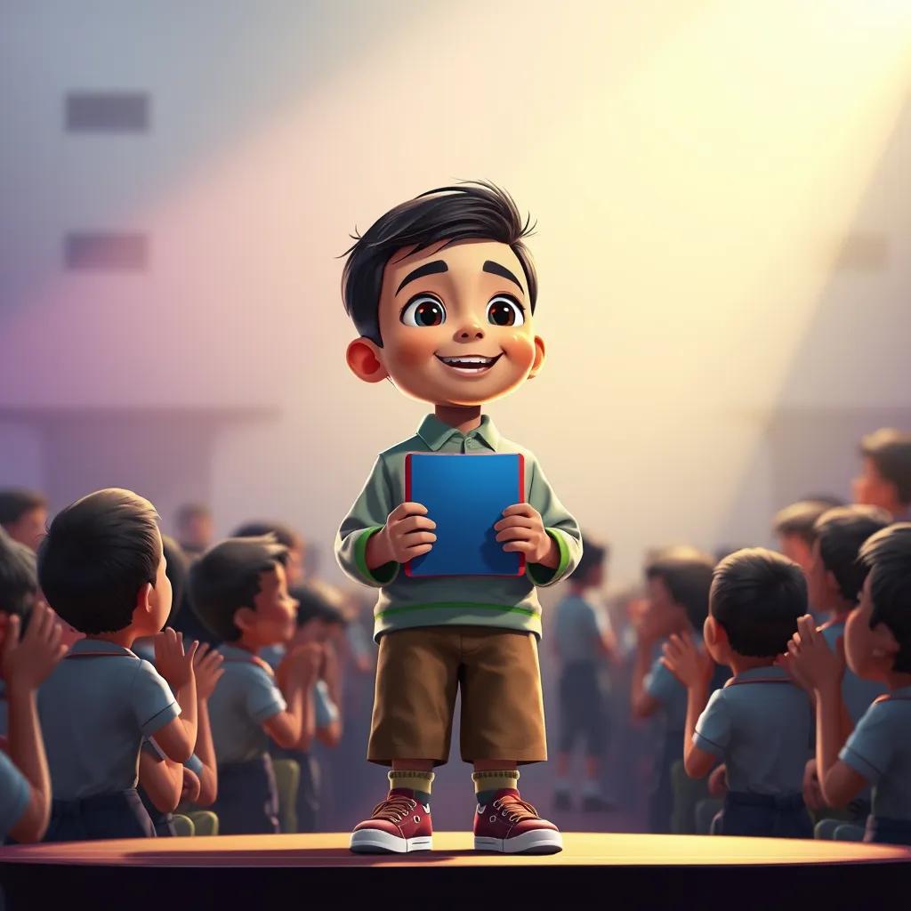 Image of A young Arab boy, Bara, with short dark hair, standing proudly on a stage receiving an award at school, surrounded by classmates clapping, inspiring, celebratory colors, soft glow, uplifting view