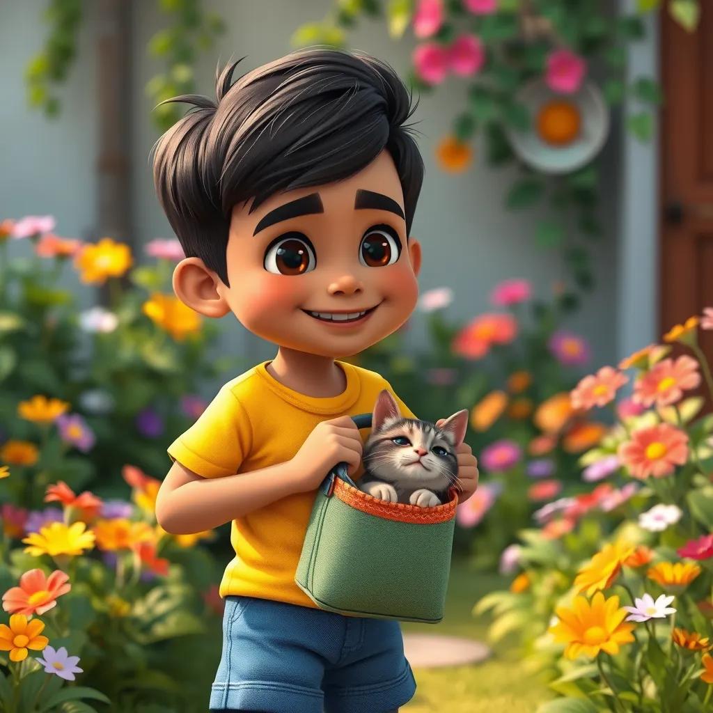 Image of A young boy, Mohamed, with short black hair, wearing a bright yellow t-shirt and blue shorts, happily holding a small bag with a playful cat peeking out, in a small garden filled with colorful flowers, digital art, vibrant colors, cheerful atmosphere, high quality