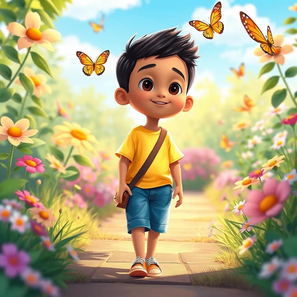 Image of Mohamed, a young boy with short black hair, wearing a bright yellow t-shirt and blue shorts, walking in a sunny garden with a small bag, surrounded by blooming flowers and butterflies, illustration, cheerful, bright colors, child-friendly