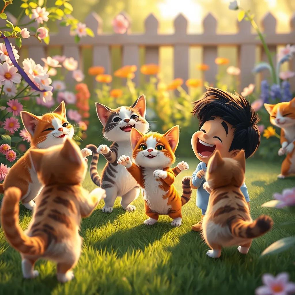 Image of A group of playful cats in a beautiful garden, including Mimo, a small fluffy cat with white and brown fur, dancing around Mohamed, who is laughing joyfully, detailed illustration, warm light, lively atmosphere, child-friendly