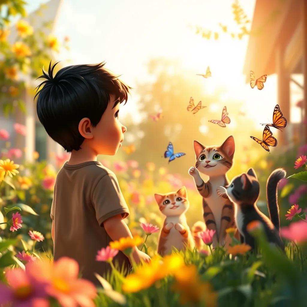 Image of Mohamed, a young boy with short black hair, in a sunny garden, watching his cat Mimo and two others playing with flowers and chasing butterflies, vibrant and joyful scene, colorful, heartwarming light