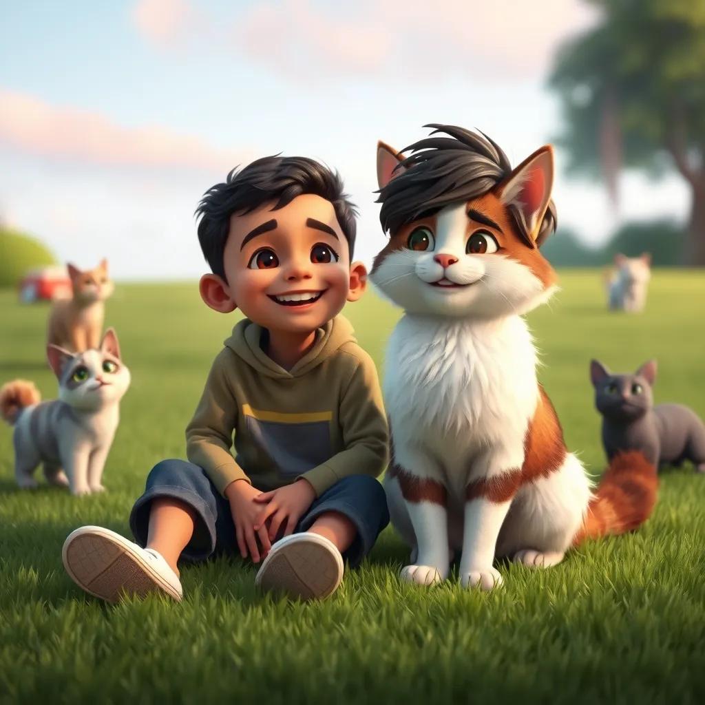 Image of Mohamed and Mimo, a young boy and his fluffy white and brown cat, sitting on a green lawn, smiling together after a fun day of playing with other cats, high quality, heartwarming scene, rich colors