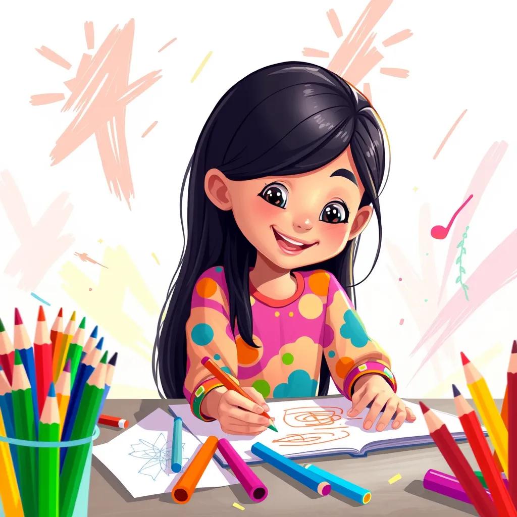 Image of Mariam, a young Arab girl with long black hair wearing a colorful shirt, surrounded by vibrant colored pencils and markers as she draws on her study sheets with excitement, lively and happy, illustration, colorful