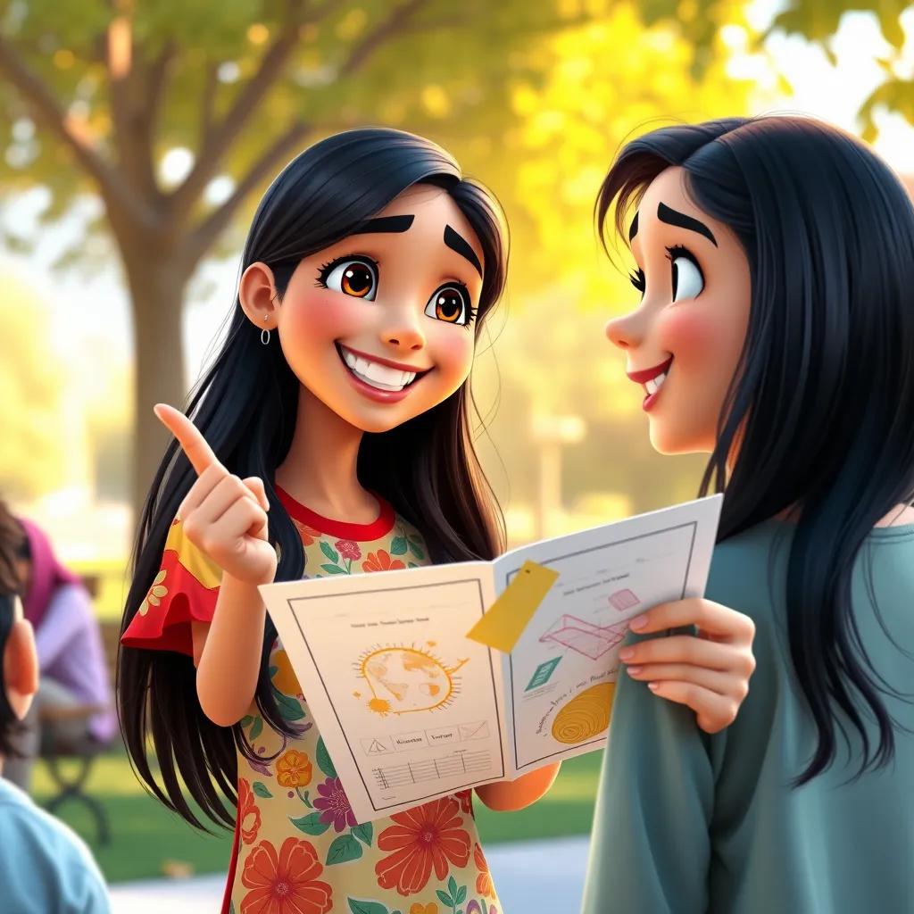 Image of A smiling Mariam, a young Arab girl with long black hair in a colorful shirt, proudly showing her colorful diagrams and notes to her friends outside in a sunlit park, joyful scene, bright colors, heartwarming