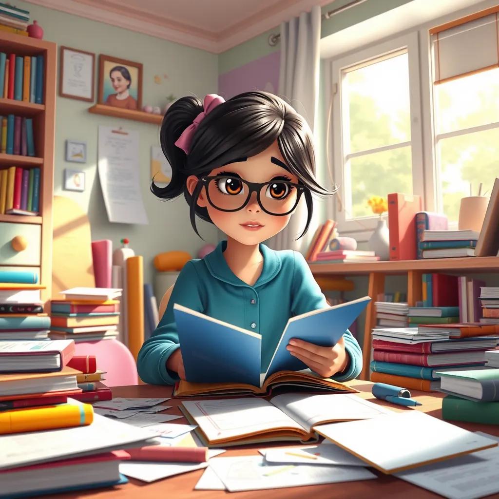 Image of A smart girl, Mariam, studying in her colorful room with books and papers scattered around, focused and determined, sunlight filtering through the window, digital art, cheerful colors, inviting atmosphere, high quality