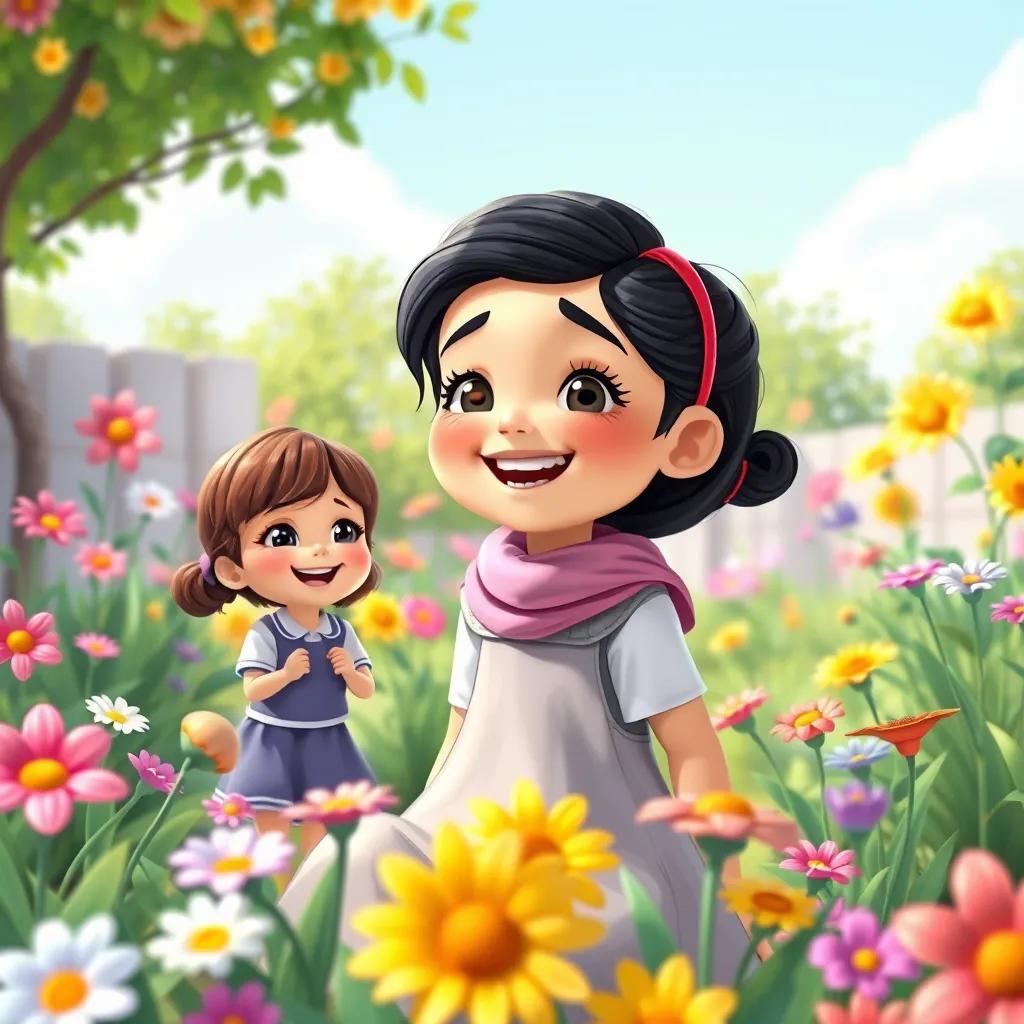 Image of Mariam, a smart girl, playing with her friends in a sunny garden filled with colorful flowers, laughing and having fun, bright day, illustration, joyful setting, child-friendly, high quality