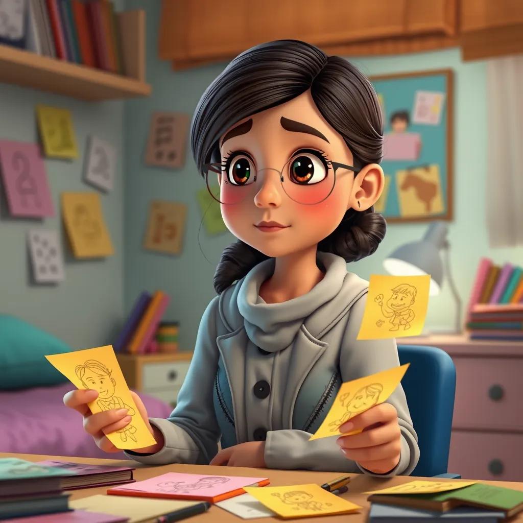 Image of Mariam, a smart girl, in her room using colorful notes filled with illustrations, looking thoughtful and creative, soft lighting, colorful decor, digital art, vibrant details, high quality