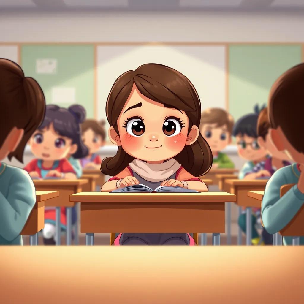 Image of Mariam, a smart girl sitting at her desk during the exam, looking focused and calm, classroom setting with classmates around, soft lighting, encouraging atmosphere, illustration, child-friendly, high quality