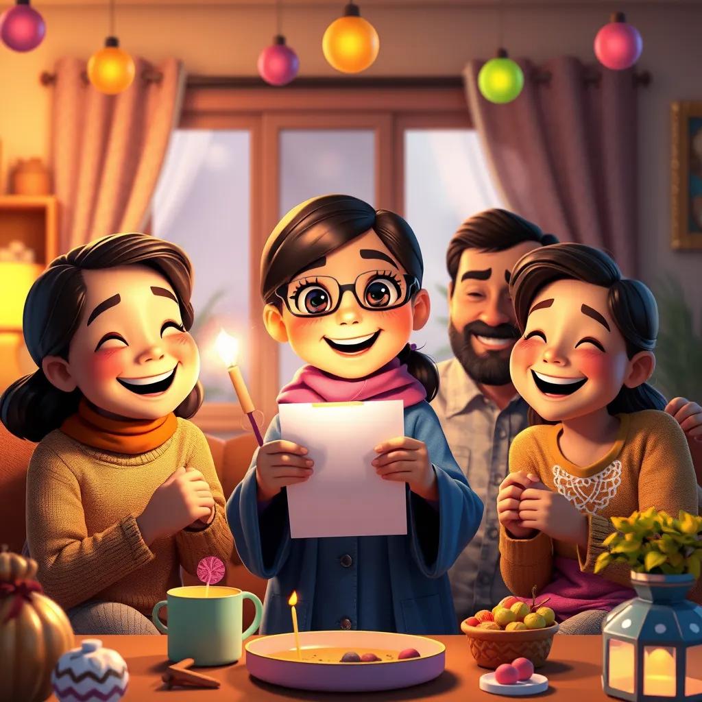 Image of Mariam, a smart girl celebrating her success with her family at home, smiling and happy, colorful decorations around, warm light, joyful scene, digital art, heartwarming, high quality