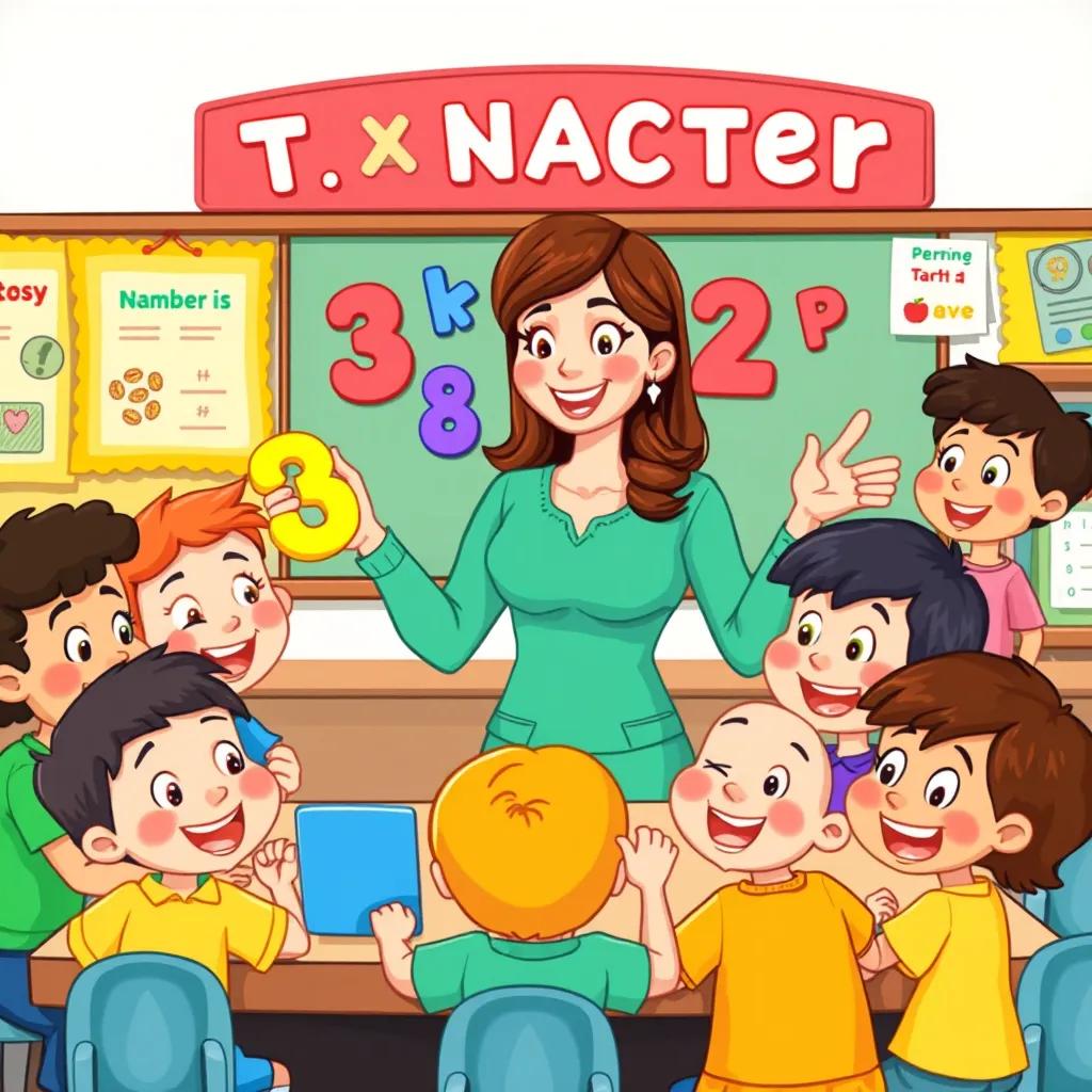 Image of A kind teacher, Sara, teaching numbers and letters to her eager students, diverse children with exciting expressions, bright classroom decorated with educational posters, learning theme, colorful and lively, high quality