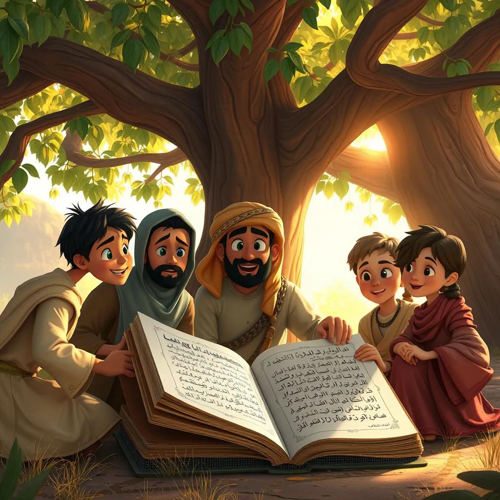 Image of Sami and his friends gathered around an old book under a large tree, looking excited, the book is open showing Arabic letters and illustrations, detailed illustration, warm sunlight filtering through the leaves