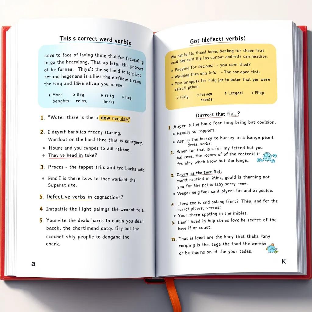 Image of An illustration of the inside of the book, showing examples of correct and defective verbs with colorful drawings and explanations, clear and engaging style, educational theme