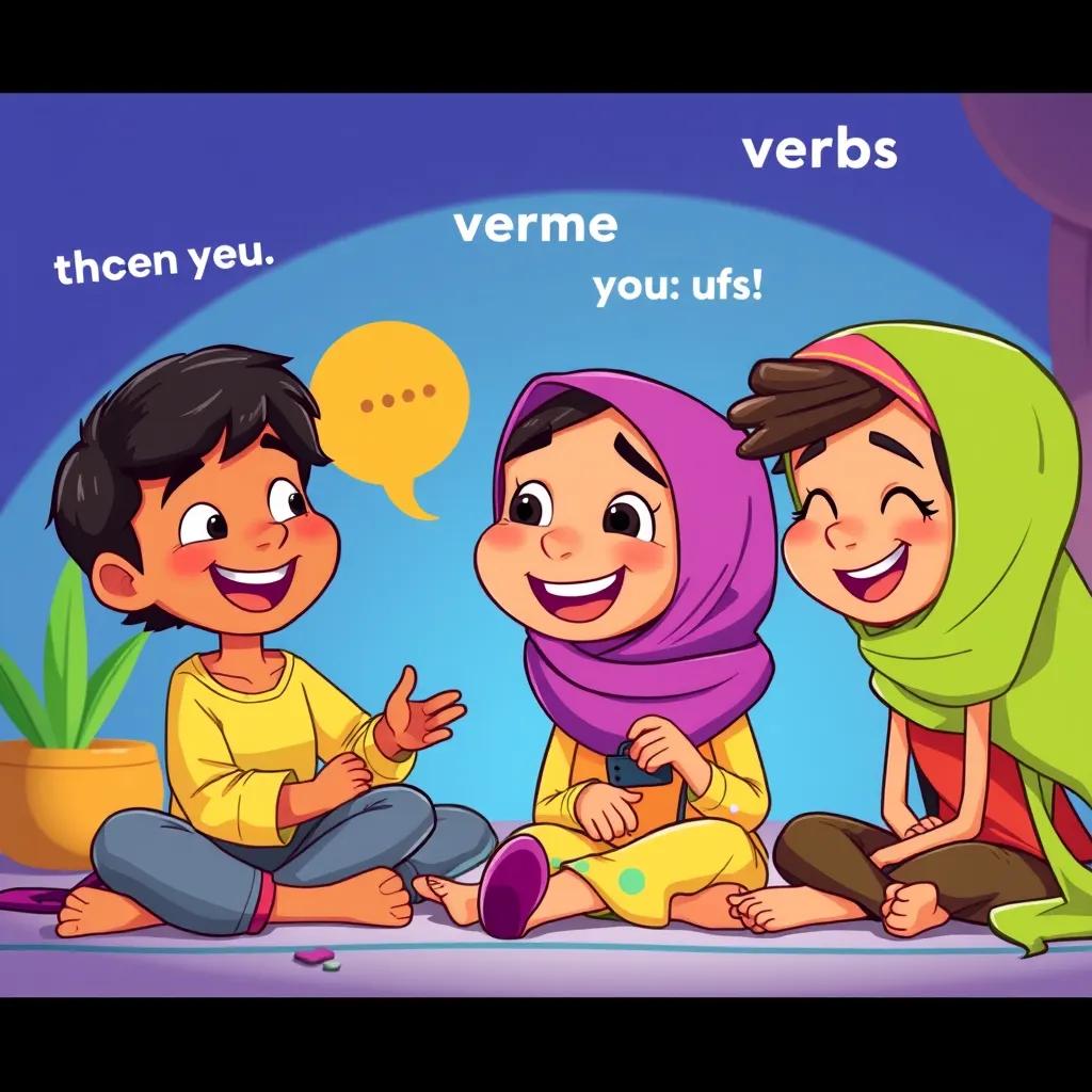 Image of Sami and friends playing while using verbs in funny sentences, they are laughing and having fun, colorful cartoon style, joyful expressions, bright colors