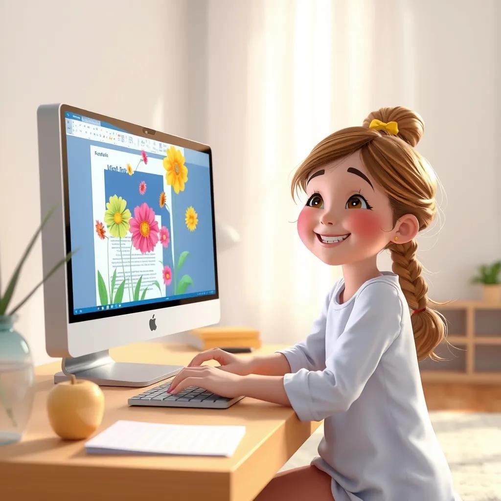 Image of Layla smiles as she types on the Word document, with images of flowers and colorful shapes appearing on the screen, bright and inviting room, digital art, engaging and lively