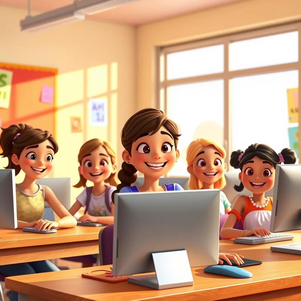 Image of A group of five cheerful girls, including Layla, in a sunny classroom, working on computers with colorful posters on the walls, happy expressions, digital art, warm colors, collaborative atmosphere, high quality