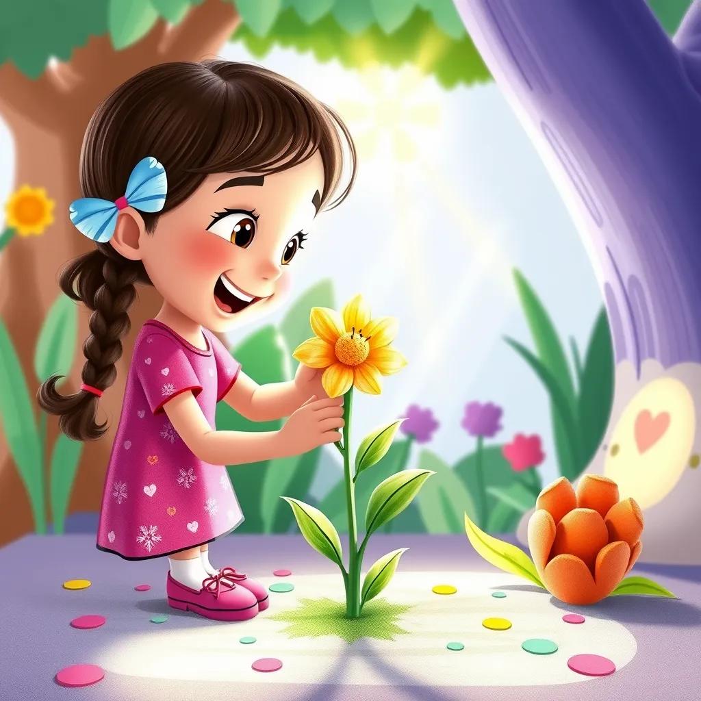 Image of Layla creating a heart shape around the flower in her digital story, playful environment, colorful drawings, digital art, joyful expression, exciting creativity, high quality