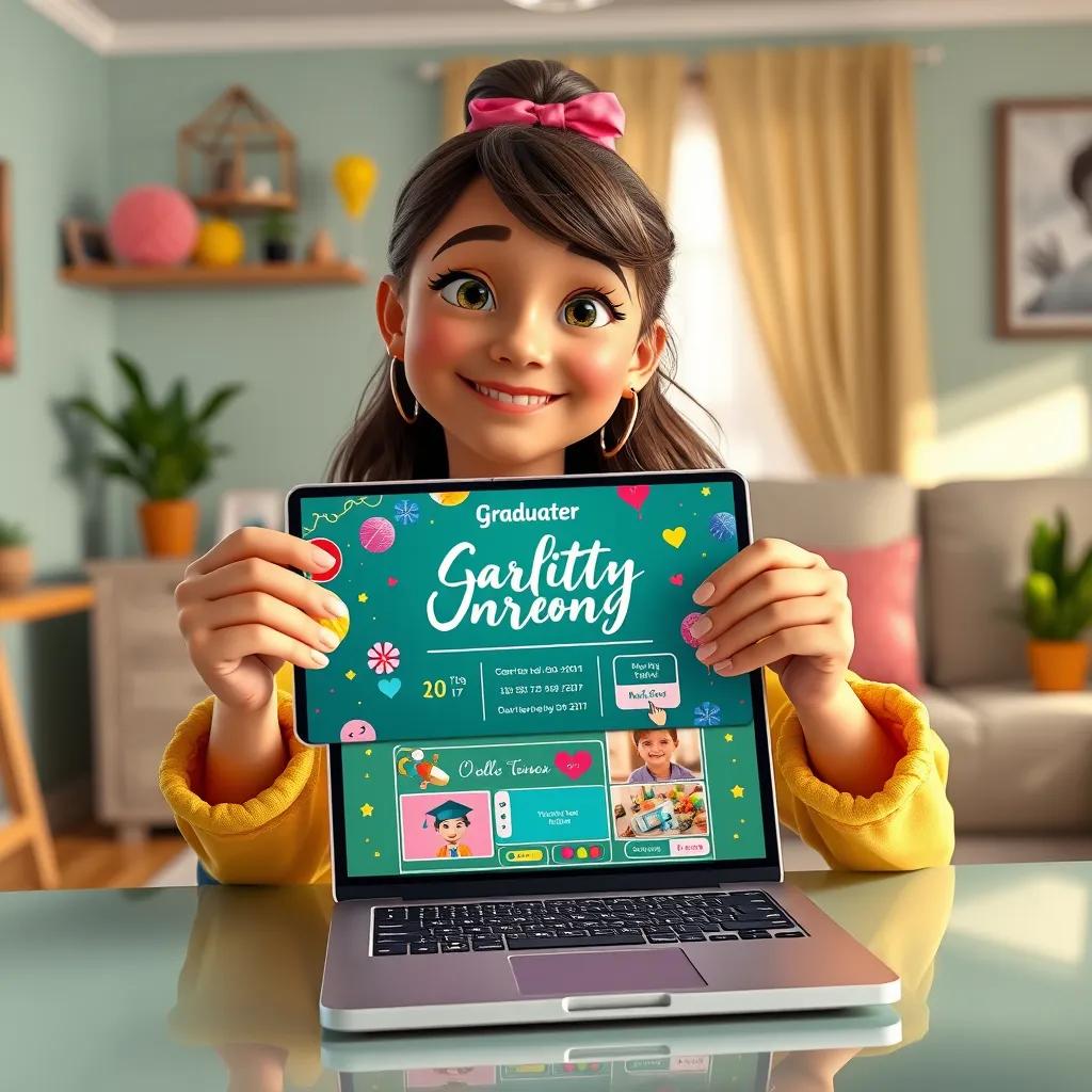 Image of Layla proudly showing her digital invitation card for her graduation party on her laptop with colorful decorations and bright images, home setting, artful design, cheerful mood, digital art, high quality