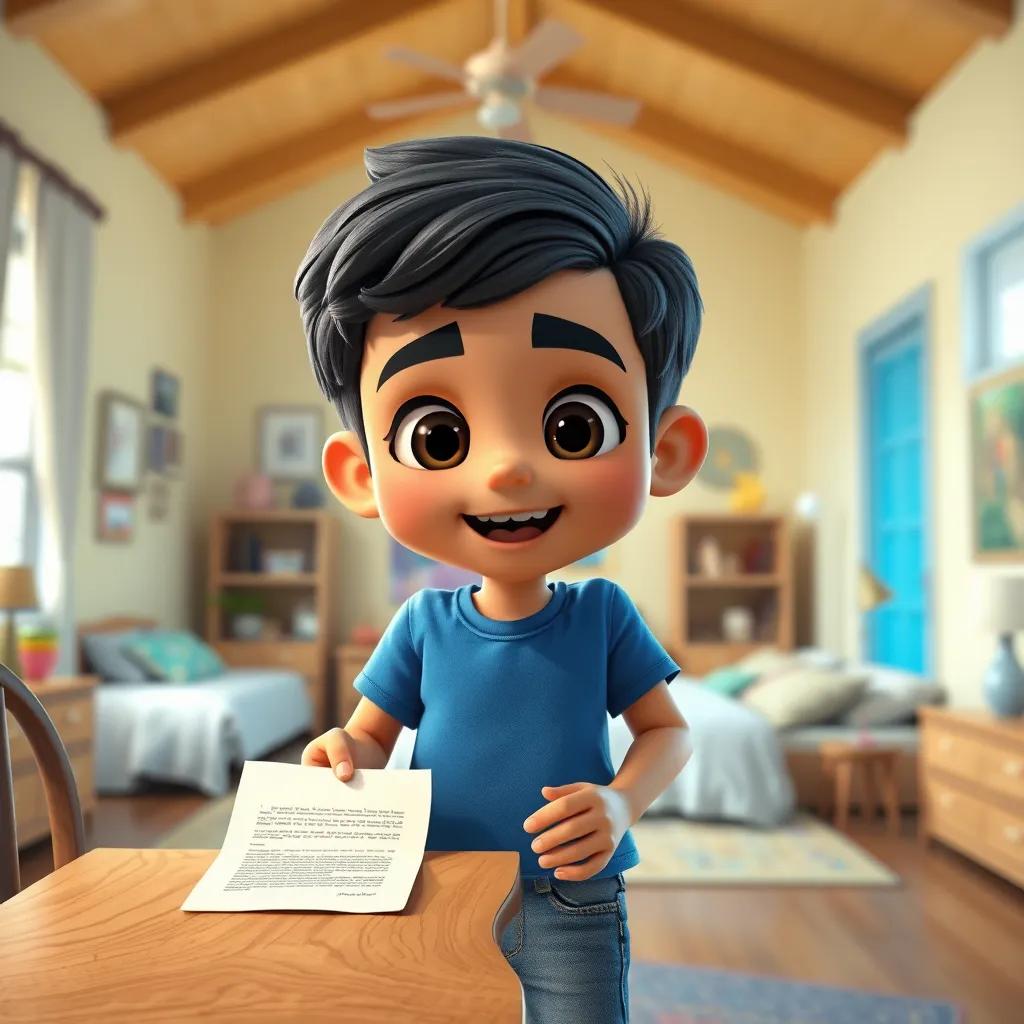 Image of A young Arab boy, Ahmed, with short black hair, wearing a blue T-shirt and jeans, standing excitedly in his large bedroom, holding a letter on a wooden table, cheerful atmosphere, digital art, vibrant colors, child-friendly, high quality