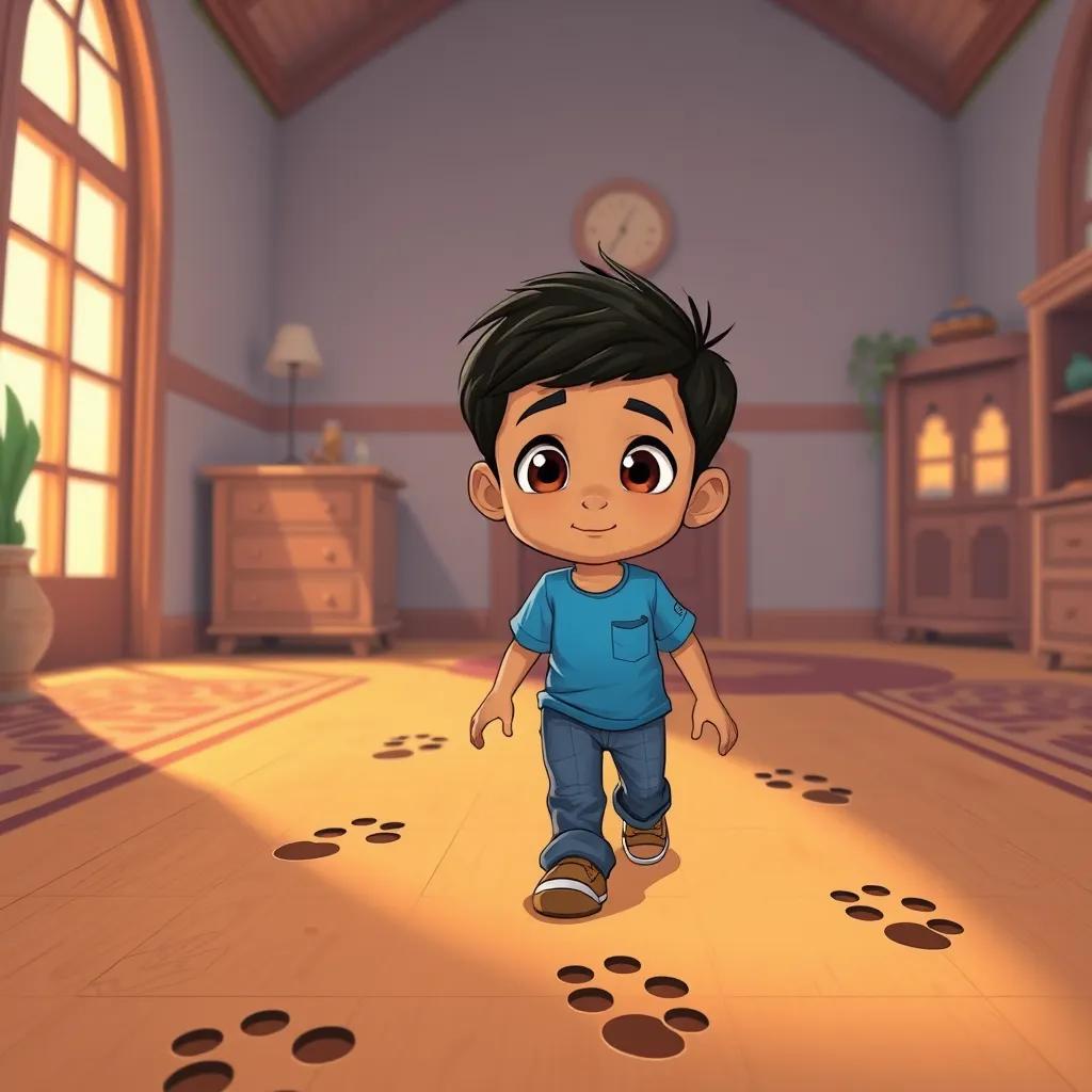 Image of Ahmed, a young Arab boy with short black hair in a blue T-shirt and jeans, following footprints drawn on the floor of his big house, curious eyes, illustration, warm colors, adventurous spirit, high quality