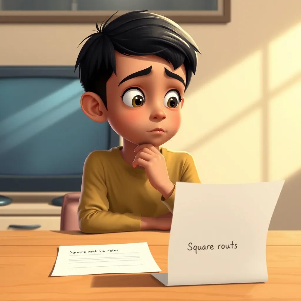 Image of Ahmed, a young Arab boy with short black hair, thinking hard in front of a TV table, a letter about square roots in front of him, focused expression, digital painting, bright colors, child-friendly, high quality