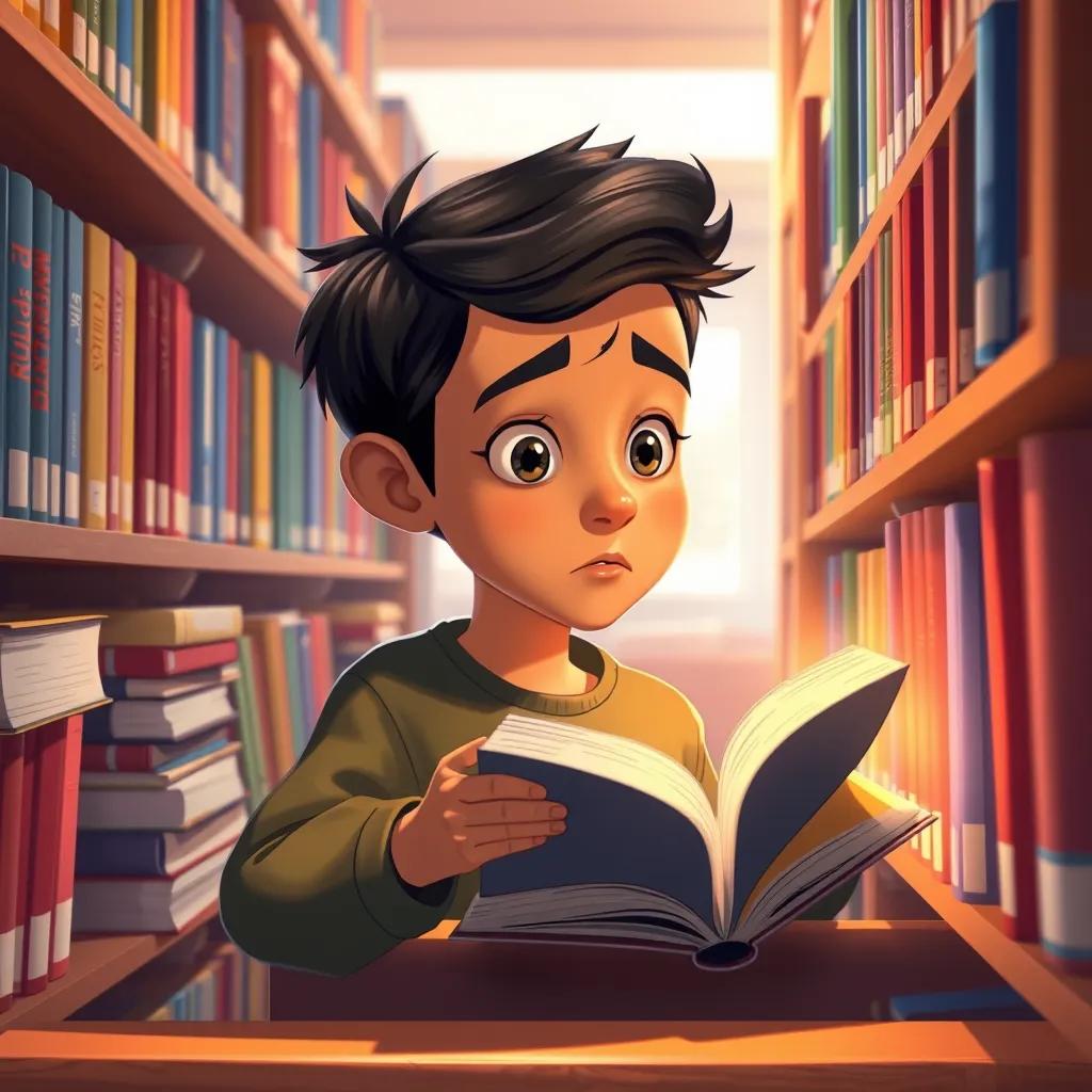 Image of Ahmed, a young Arab boy with short black hair, examining a book on a shelf in the library, surrounded by colorful books, determined look, warm light, illustration, storytelling style, high quality