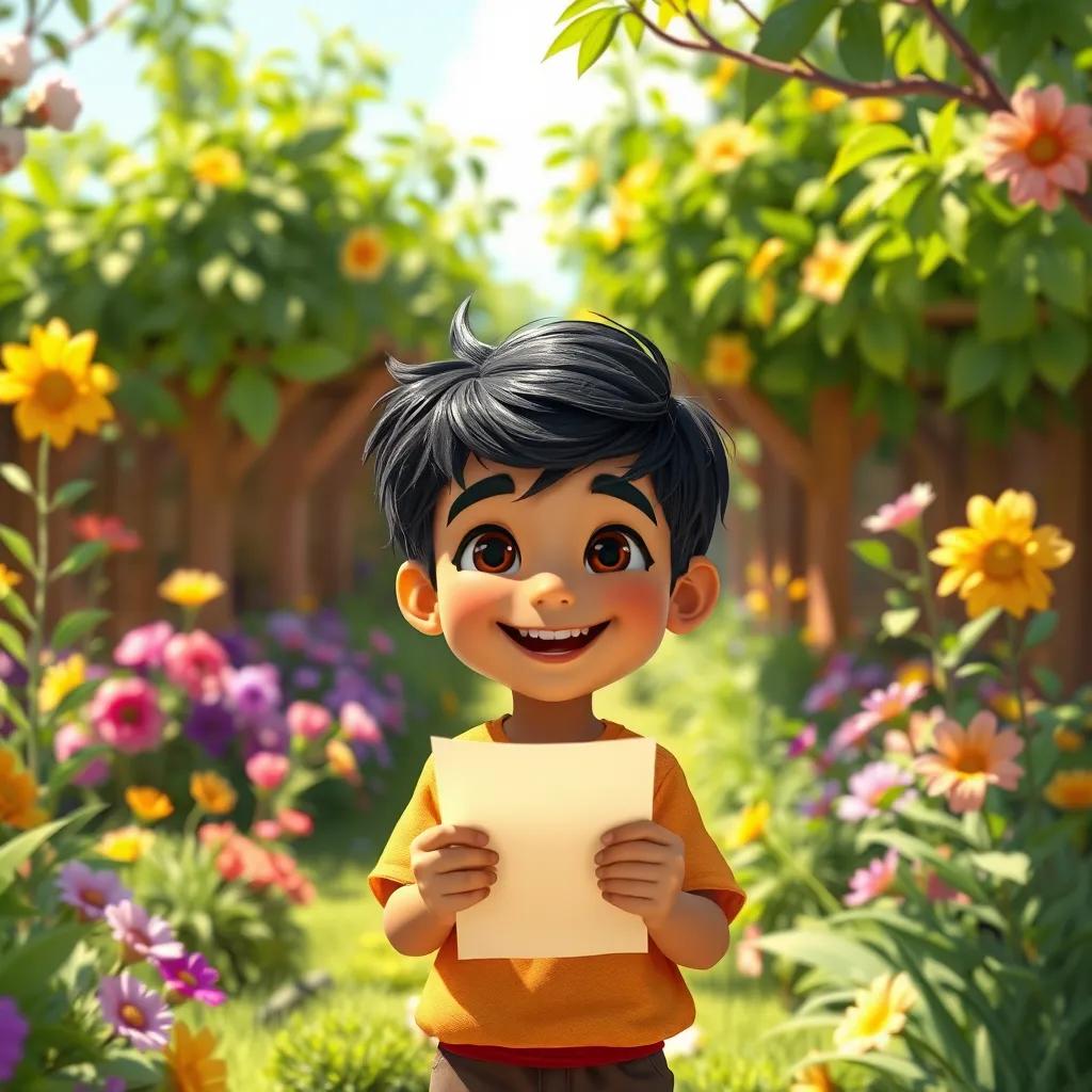 Image of A cheerful garden with Ahmed, a young Arab boy with short black hair, joyful expression holding a piece of paper, with greenery all around, sunny day, vibrant colors, digital painting, heartwarming scene, high quality