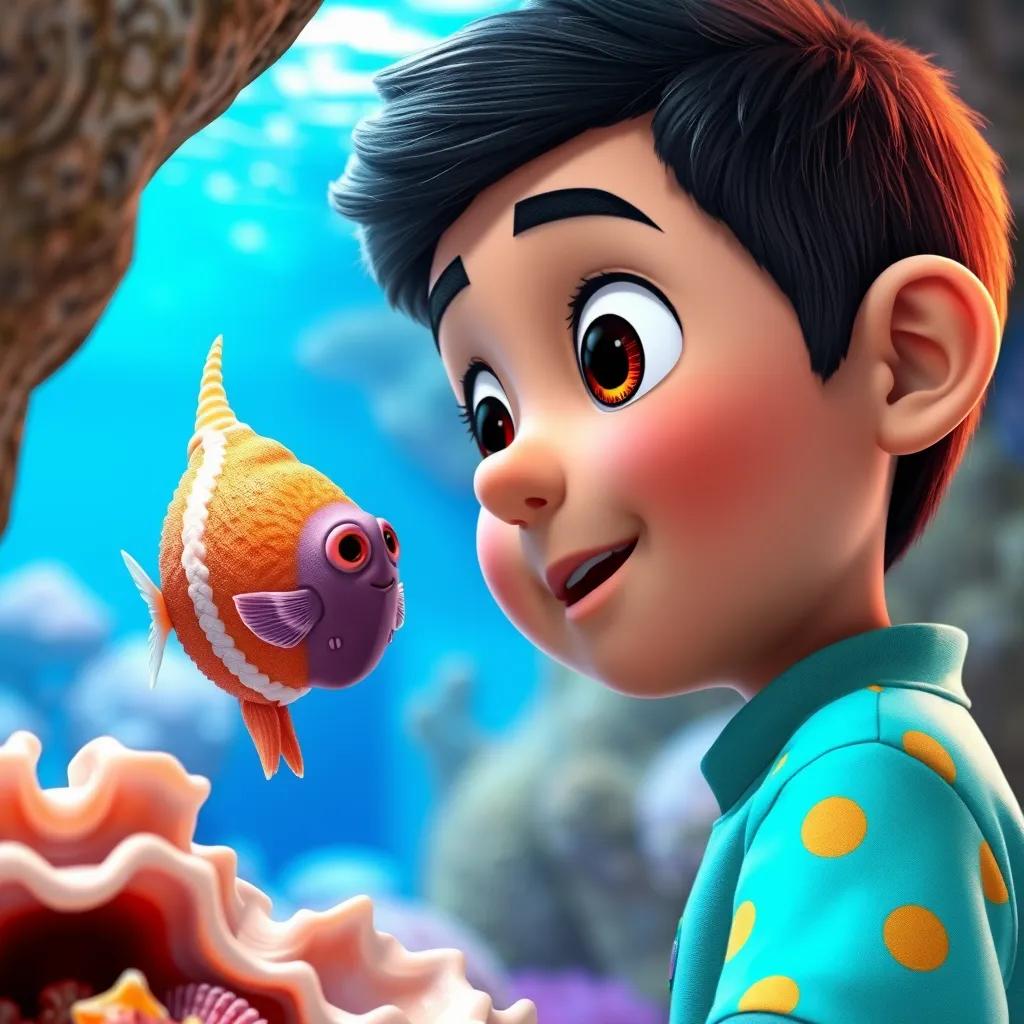 Image of Sami observing colorful seashells belonging to shellfish, amazed look on his face, an aquarium in the background, bright and detailed, cheerful