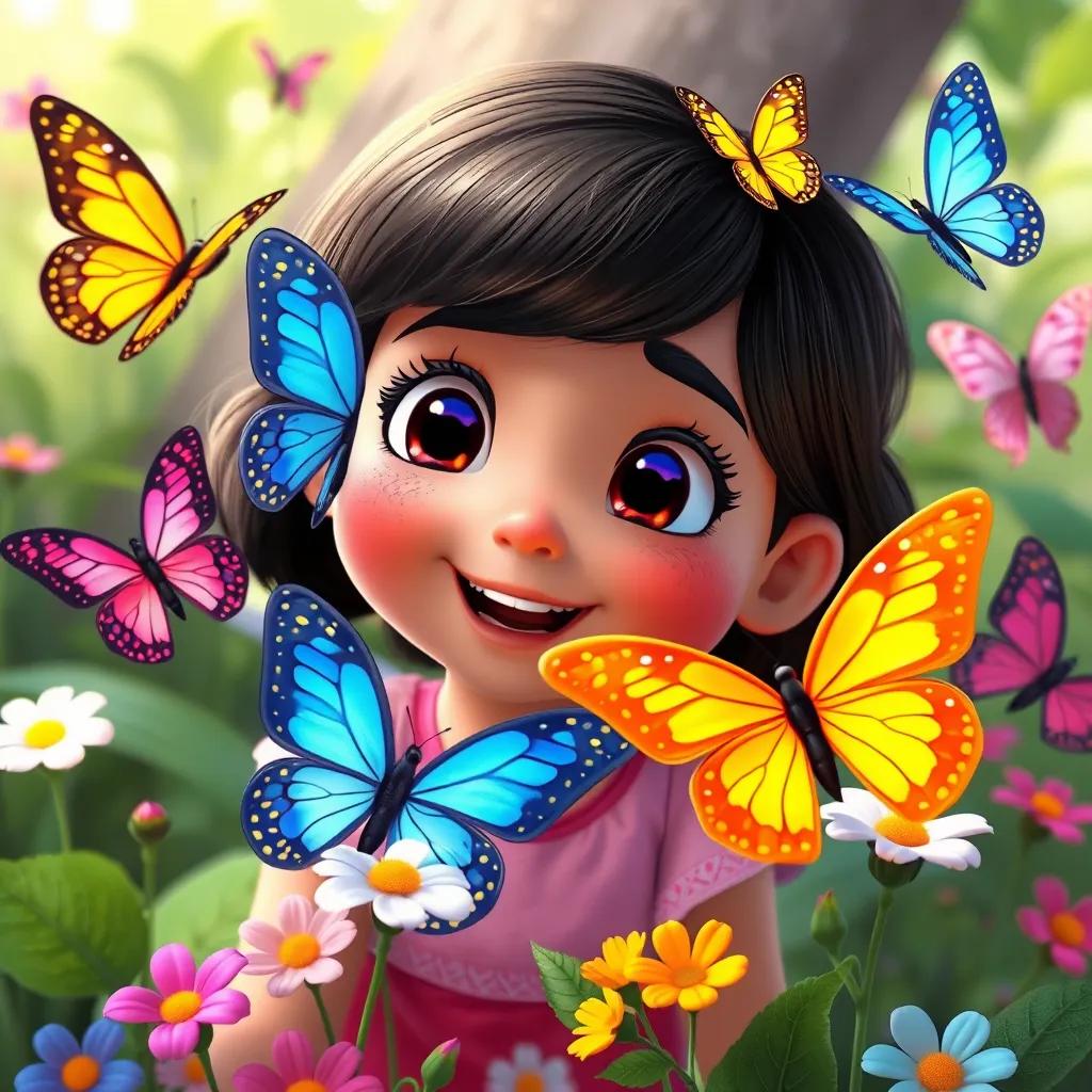 Image of Lina excitedly talking about butterflies, showcasing vibrant butterflies in various colors, flowers around them, delightful, enchanting scene, child-friendly