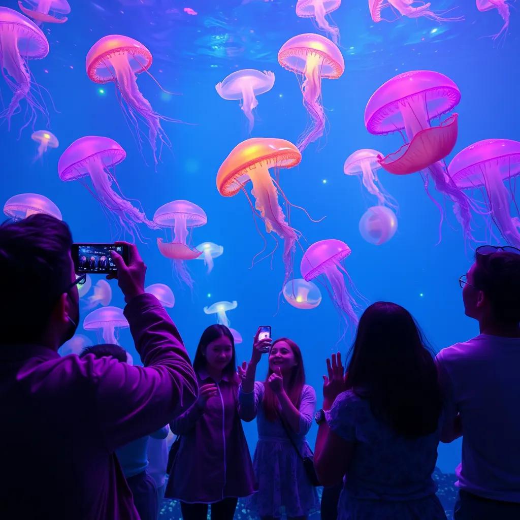 Image of Louay taking pictures of jellyfish swimming in water, colorful lights reflecting in water, friends watching in awe, fantastic underwater view, magical