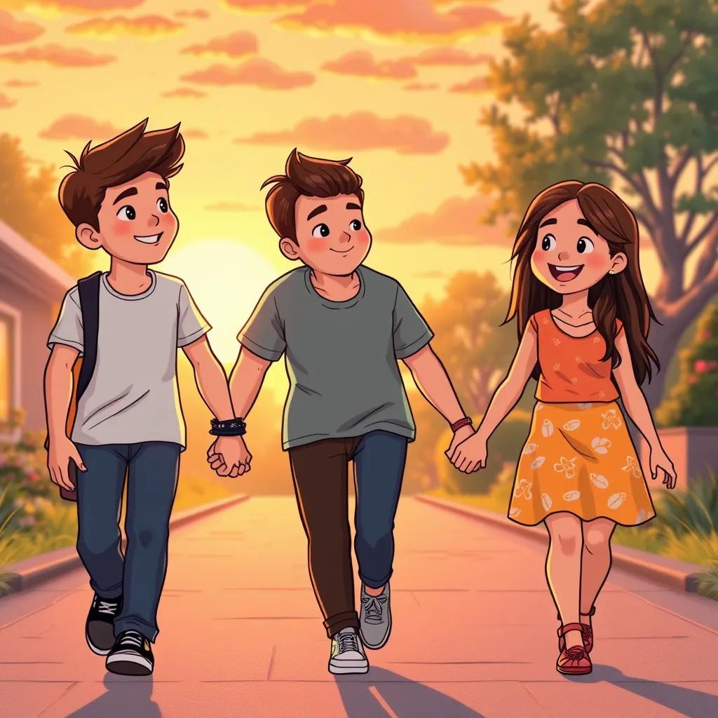 Image of The three friends holding hands walking home, sunset in the background, happy expressions, learning excitement on their faces, warm colors, heartfelt