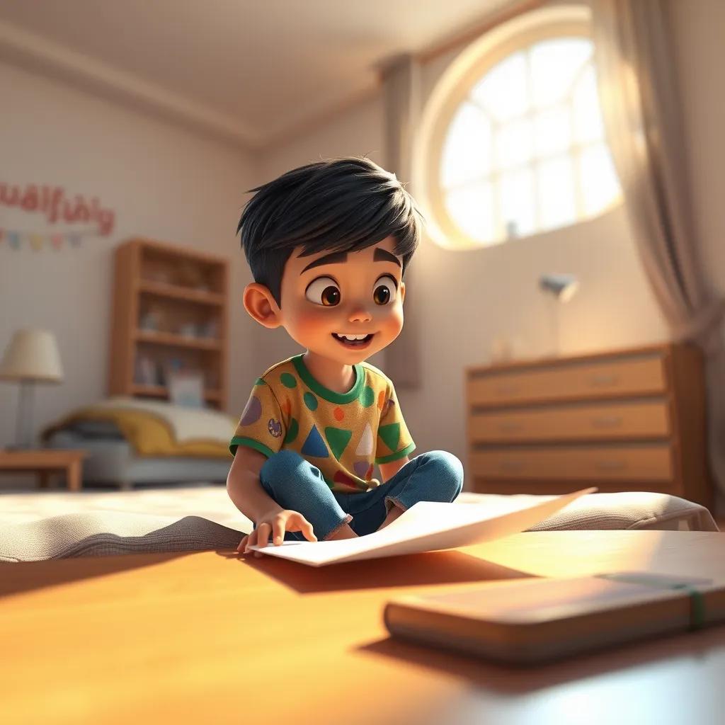 Image of A young Arab boy, around 8 years old, with short black hair, wearing a colorful t-shirt and jeans, sitting on his bed in a large room, looking at a piece of paper on a table with excitement, bright sunlight shining through the window, warm colors, inviting atmosphere, digital art, cheerful, child-friendly