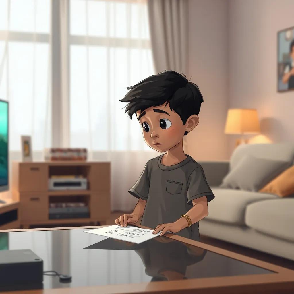 Image of The young Arab boy, around 8 years old, with short black hair, standing in the living room, looking at a TV table, finding a note with a math question, bright lighting highlighting his thoughtful expression, illustration, engaging, detailed