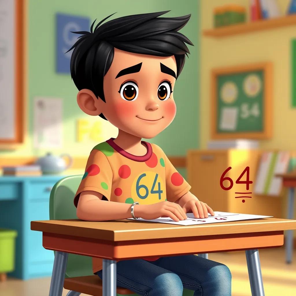 Image of The young Arab boy, around 8 years old, with short black hair, wearing a colorful t-shirt and jeans, sitting at a desk and solving math problems, with the number 64 and the symbol for square root illustrated, cheerful environment, bright light, digital art, educational, child-friendly