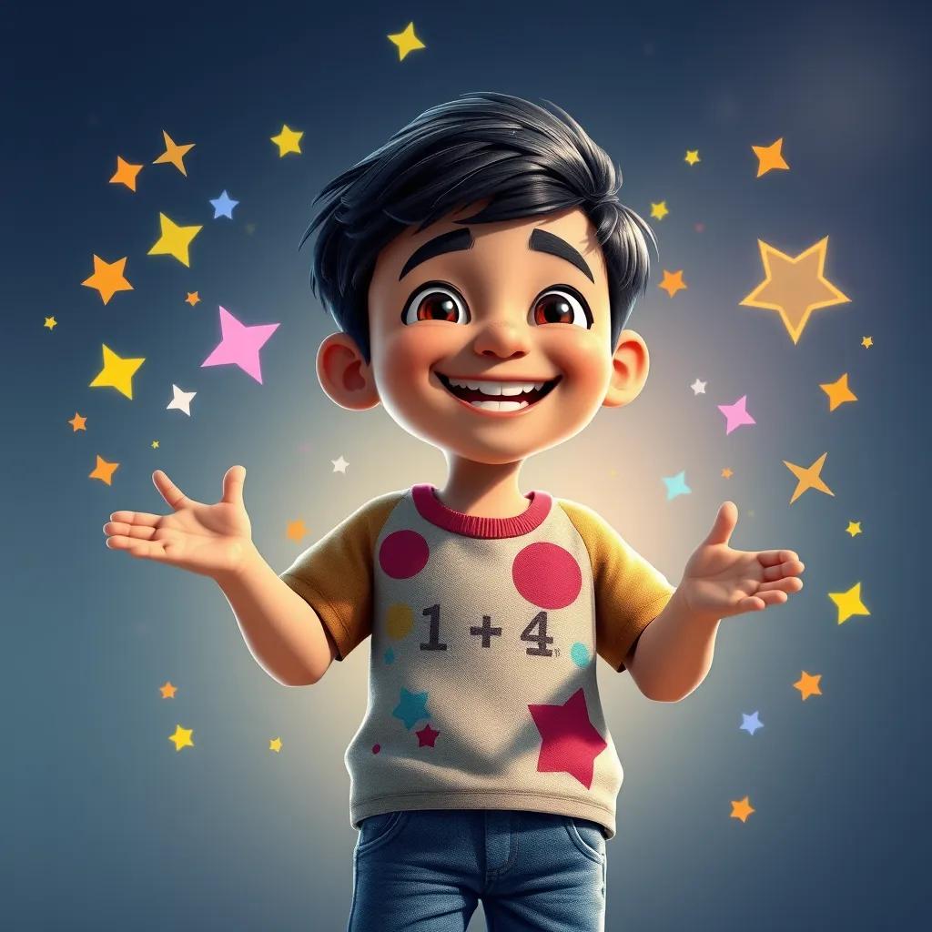 Image of The young Arab boy, around 8 years old, with short black hair, wearing a colorful t-shirt and jeans, smiling with joy after solving the math problem, surrounded by colorful stars and sparkles to represent his achievement, bright colors, uplifting atmosphere, digital art, celebration