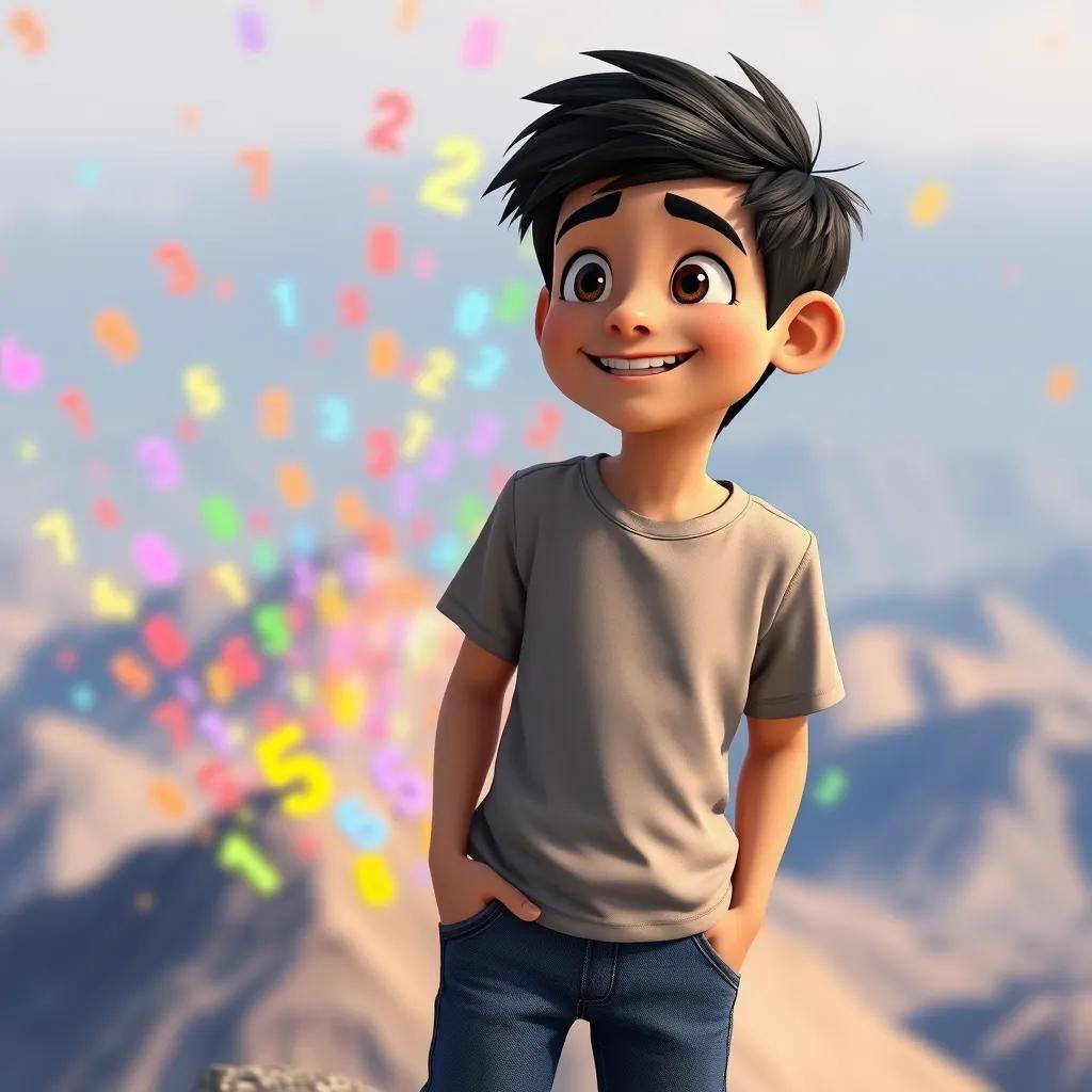 Image of A cheerful boy named Sami, a young Arab boy with short black hair wearing a simple T-shirt and jeans, standing on top of a mountain, looking at colorful numbers flowing down, vibrant digital art, bright colors, uplifting atmosphere, high quality